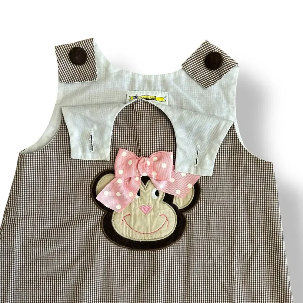 Castles and Crowns Gingham Monkey‎ Dress girls Size 5 Brown Pink